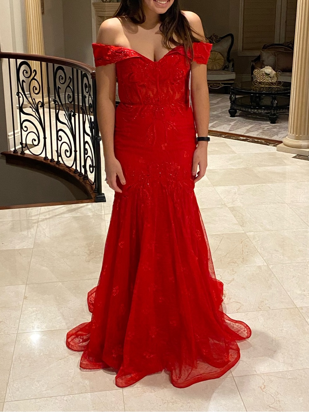 JVN Red Off-Shoulder Embroidered Mermaid Gown